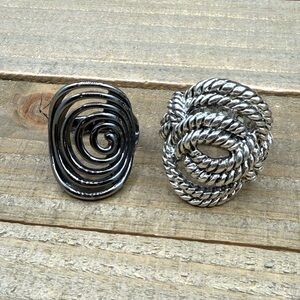 Bundle of 2 Rings, Hematite Swirl Ring + Silver Woven Knot Stretch Ring Size 7.5